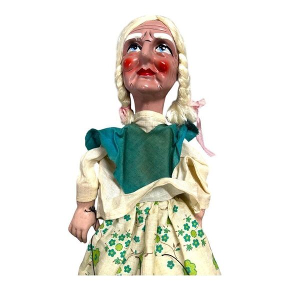 VTG Handmade Czech Marionette Puppet Grandma Blonde Grey Hair Braid Floral Dress - Picture 1 of 10